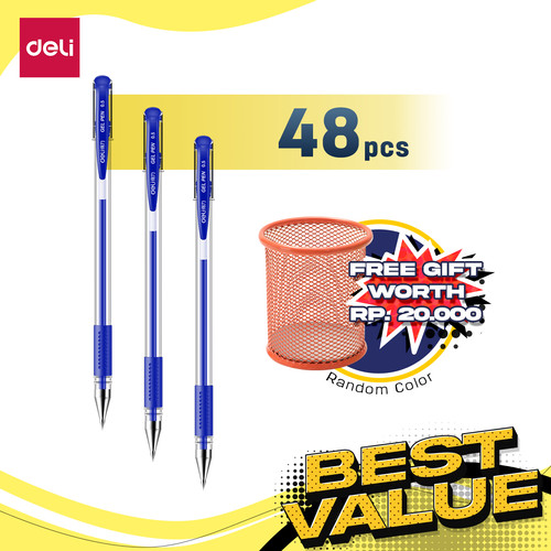 [EZO.7002233] Deli Combo ATK Ekonomis 48pcs Gel Pen 0.5mm Free Tempat Pulpen 6600ES