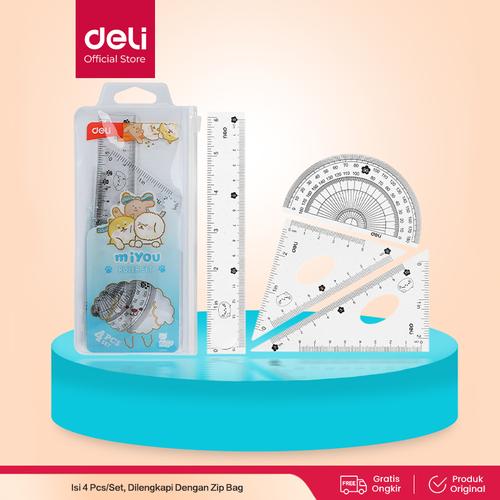 [EZO.7000853] Deli Ruler Set / Set Penggaris Isi 4pcs Zip Bag Design Miyou EH657