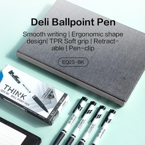 [EZO.7002335] Deli Ballpoint Pen/Pulpen 0.7mm Tinta Hitam Biru Penulisan Halus EQ25