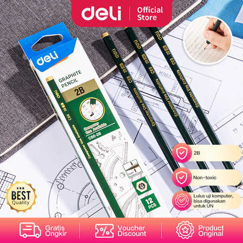 [EZO.7000931] Deli Graphite Pencil / Pensil Kayu 2B Isi 12pcs Kualitas Bagus EC88