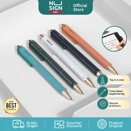 [EZO.7000943] Deli Nusign Gel Pen Retractable 0.5mm Tinta Hitam dengan Klip NS557