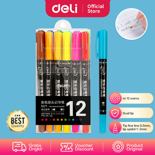 [EZO.7002346] Deli Fine Liner / Spidol Berwarna Dual Tip 0.5-1.0mm Isi 12Warna S571