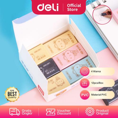 [EZO.7002353] Deli Eraser / Penghapus PVC 1 Box Isi 12pcs Hasil Bersih 4 Warna 33099