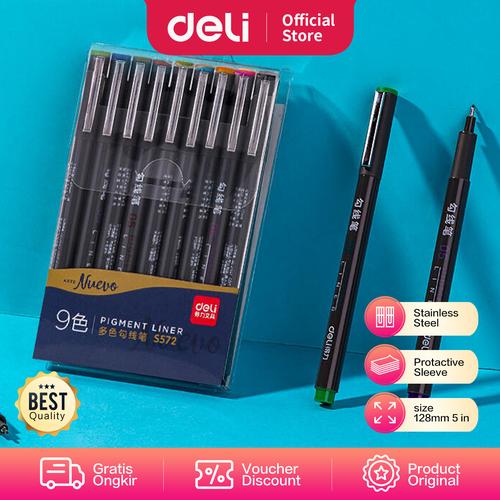 [EZO.7002372] Deli Fine Liner / Spidol Berwarna 0.5mm Isi 9 Warna Tahan Air S573