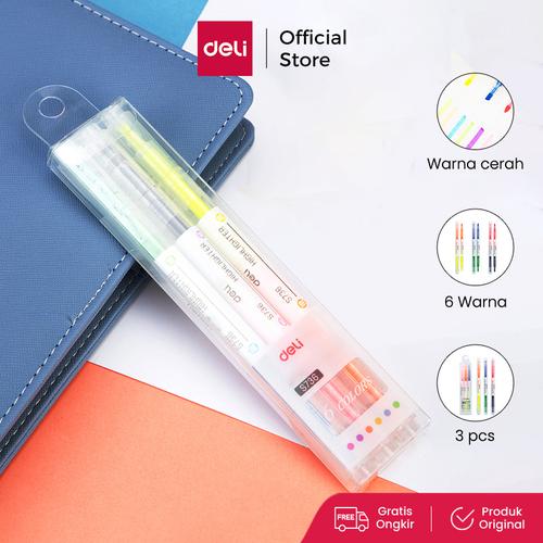 [EZO.7001022] Deli highlighter ujung 2 warna 3pcs/pak 6 warna S736
