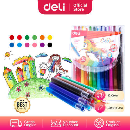 [EZO.7002463] Deli Twistable Crayon 12Colors/Krayon Putar 12Warna Anti Kotor EC20403