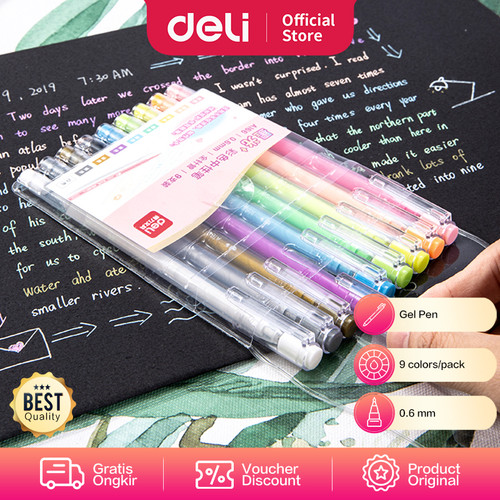 [EZO.7002545] Deli Colorful Gel Pen Pulpen Gel 0.6mm 9pcs/pack Warna-Warni A166