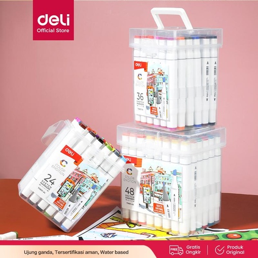 [EZO.7001222] Deli spidol 60warna dengan ujung Tip ganda Desain profesional 70801-60