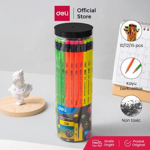 [EZO.7001305] Deli EU51806 Grafit Pensil Kayu 50 Pcs/Tube 4 Warna dengan penghapus