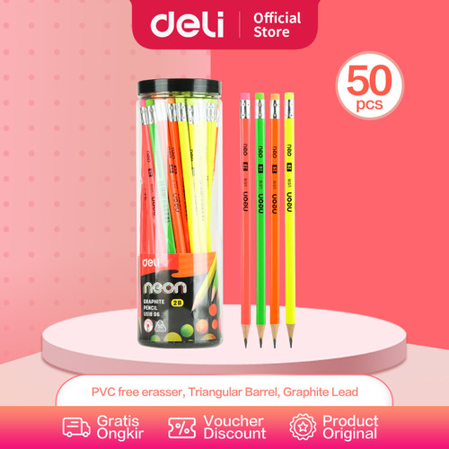 [EZO.7001305] Deli EU51806 Grafit Pensil Kayu 50 Pcs/Tube 4 Warna dengan penghapus