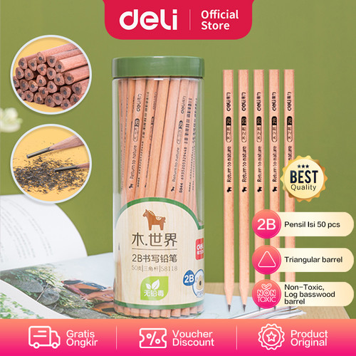 [EZO.7001283] Deli Pensil kayu/ Pencil - 2B 50pcs/tabung - Sudah diasah 58118