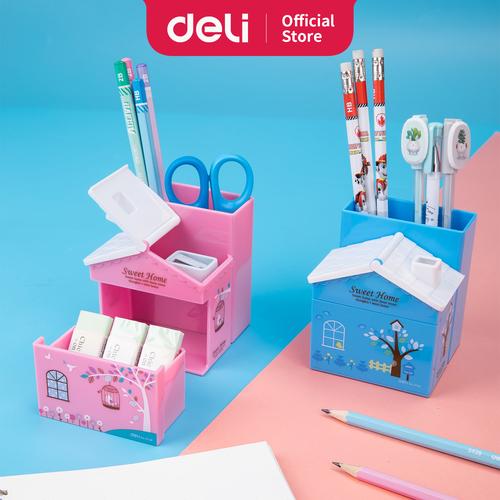 [EZO.7002880] Deli E9138 Pulpen stand-PS House Desk Organizer 3 Comp Pink Blue