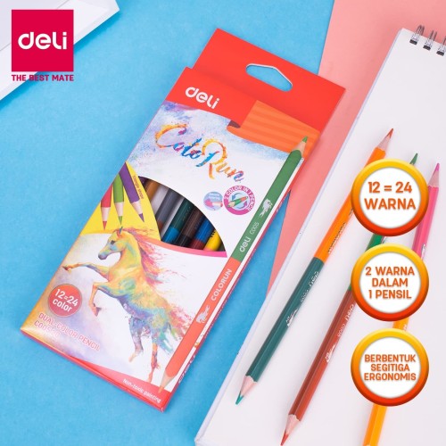 [EZO.7001584] DELI Duo Colored Pencil 12pcs 24C [EC00520] - Pensil warna anak-anak