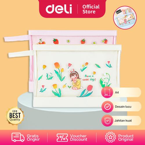 [EZO.7001982] Deli Zipper Pouch Kain Tas Dokumen A4 Desain Kartun Lucu 73343