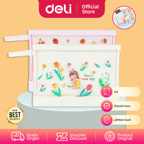 [EZO.7001982] Deli Zipper Pouch Kain Tas Dokumen A4 Desain Kartun Lucu 73343
