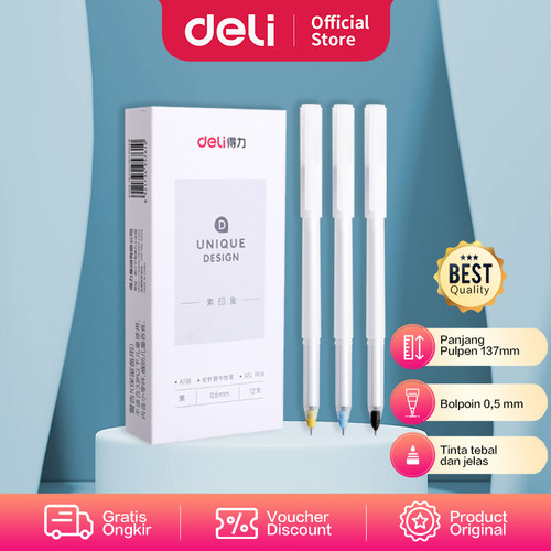 [EZO.7002099] Deli Gel Pen / Pulpen Gel 0.5mm Tinta Hitam Isi12pcs Desain Unik A118