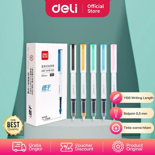 [EZO.7002100] Deli Roller Pen / Pulpen Roller 0.5mm Tinta Hitam Isi 12pcs/box S867