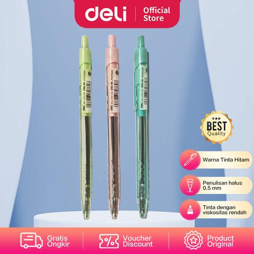 [EZO.7002112] Deli Ballpoint Pen / Pulpen Retracable 0.5mm Hitam Isi12/box CQ194