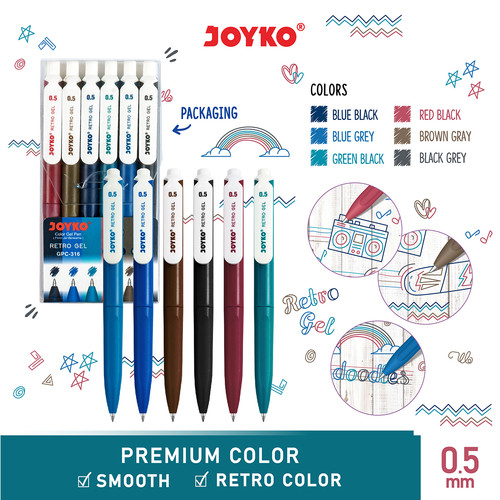 Color Gel Pen Pena Jel Warna Joyko GPC-316 Retro Gel 6 Warna 0.5 mm