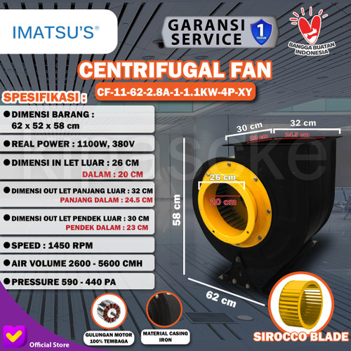 [EZM.0101409] Centrifugal Fan Blower Keong 1.1KW 1.5HP 220V Kipas Hisap Sirocco