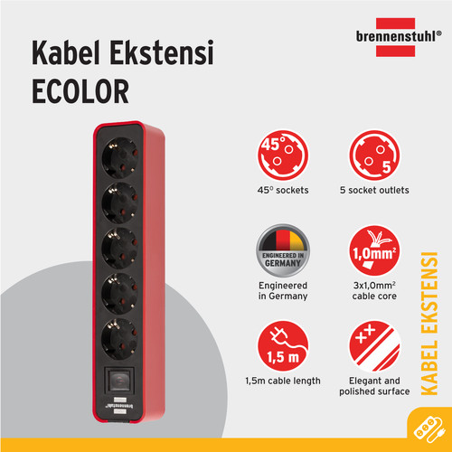 Stop Kontak Brennenstuhl Ecolor 5-Soket Merah dengan Switch - 20040