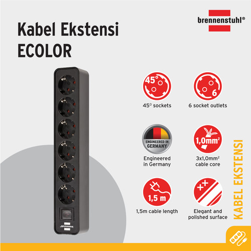 Stop Kontak Brennenstuhl Ecolor 6-Soket Black dengan Switch - 20007