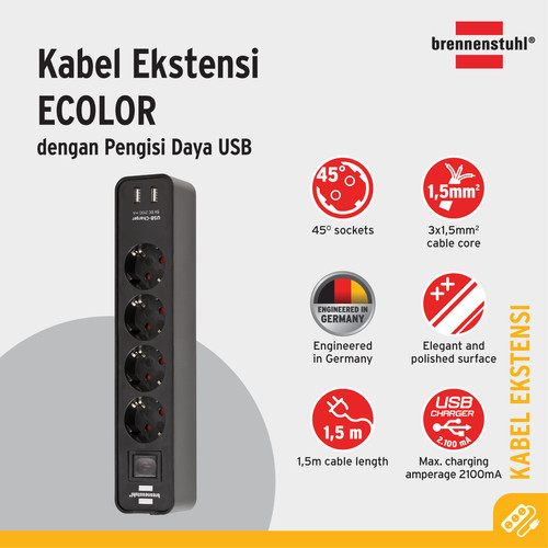 Stop Kontak Brennenstuhl Ecolor 4-Soket + 2-USB (Hitam) - 1153240006