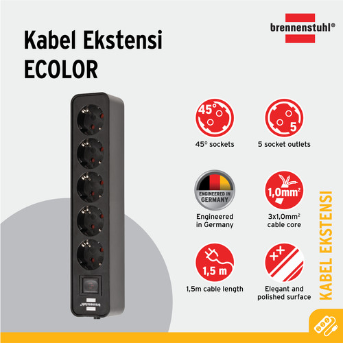 Stop Kontak Brennenstuhl Ecolor 5-Soket Hitam dengan Switch