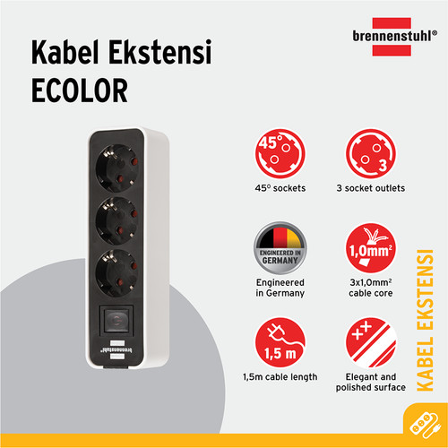 Stop Kontak Brennenstuhl Ecolor 3-Soket Putih/Hitam dengan Switch