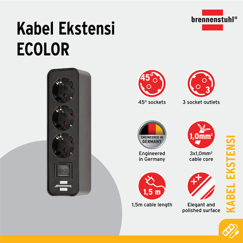 Stop Kontak Brennenstuhl Ecolor 3-Soket Hitam dengan Switch