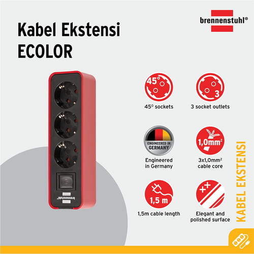 Stop Kontak Brennenstuhl Ecolor 3-Soket Merah/Hitam dengan Switch