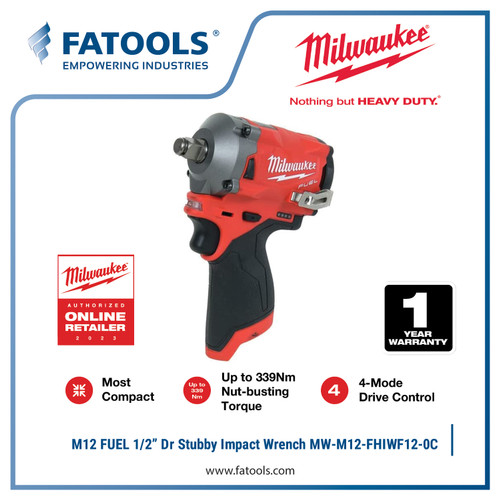 [EZM.0800135] Milwaukee M12 FIWF12 1/2" Dr Stubby Impact Wrench Cordless Brushless