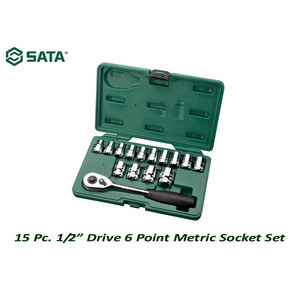 [08005] Kunci Shock Mata Sok 15 Pcs 8-27 mm 08005ME 1/2" Socket Set Sata Tools