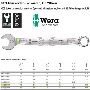 [05020209001] Kunci Ring Pas 18 x 210 mm Wera 05020209001 Joker Combination Wrench