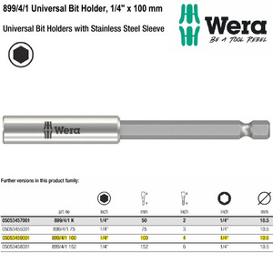 [5053459001] Universal Bit Holder Hex 1/4" x 100mm Wera 05053459001 Stainless Steel