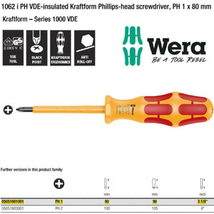 [5051601001] Obeng VDE Plus PH 1 x 80 mm Wera 05051601001 VDE Phillips Screws