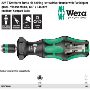 [05057480001] Obeng Turbo Hex 1/4" x 146 mm Wera 05057480001 826 T Kraftform Turbo