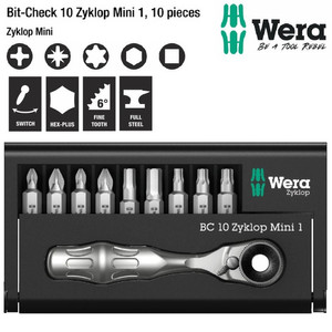 [05073645001] Obeng Bit Ratchet Set Wera 05073645001 Bit-Check 10 Zyklop Mini 1,10Pc