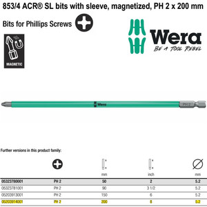 [5203914001] Mata Obeng Plus PH 2 x 200 mm Wera 05203914001 Magnetic Ph Bits - Acr Sl Bits With Sleeve