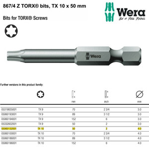[05060132001] Mata Obeng Bintang TX 10 x 50 mm Wera 05060132001 Bits TORX Screws
