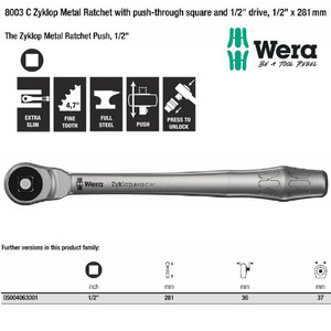 [05004063001] Gagang Shock Wera 05004063001 Zyklop Metal Ratchet Push 1/2" Drive