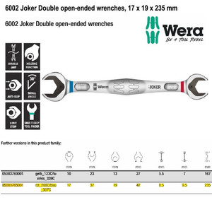 [05003765001] Kunci Pas Joker double open-end spanner 17+19x235 mm Wera 05003765001