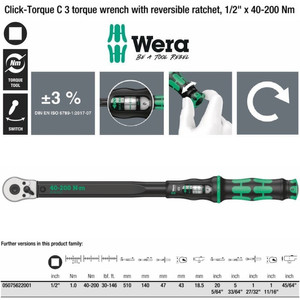 [05075622001] Torsi 1/2" Sq 40-200 Nm Wera 05075622001 C3 Click Torque Adjust Wrench