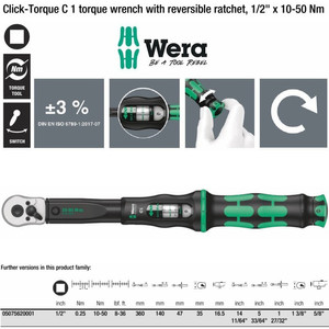[05075620001] Torsi 1/2"Sq 10-50 Nm Wera 05075620001 C1 Click Torque Rvsible Ratchet