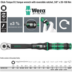 [05075611001] Torsi 3/8" Sq 20-100 Nm Wera 05075611001 B2 Click Torque Adjust Wrench