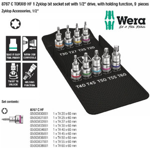 [05004202001] Bit Socket Bintang HF Wera 05004202001 Zyklop Accessories 1/2" D, 9 Pc