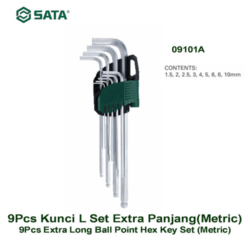 [09101] Kunci L Set Extra pjg 9 pcs Extra Long Ball Point 09101A (METRIC) SATA