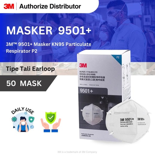 [EZR.0900297] 3M 9501+ Masker KN95 Particulate Respirator P2 - 1 Box isi 50 Masker