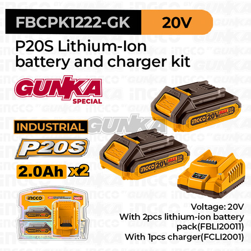 [EZM.8100205] P20S Bundling 2 Baterai (2.0 Ah) + 1 Charger (2A) INGCO FBCPK1222-GK