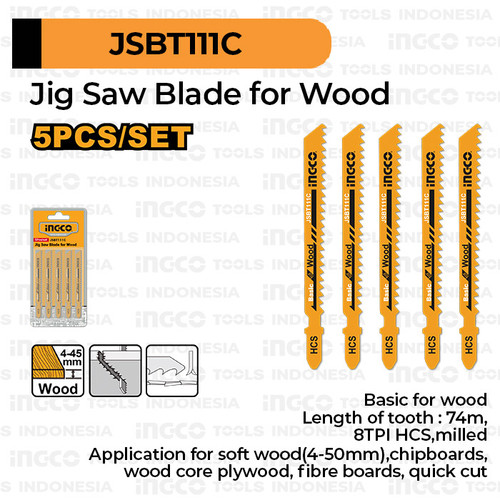 [EZM.8100215] 5-Pcs Jig Saw Blades (74mm) INGCO JSBT111C Mata Jigsaw Kayu